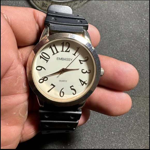 Embassy Mens Quartz Watch Gold Tone Black Strap White Dial (EM3365L) Working - Picture 1 of 10